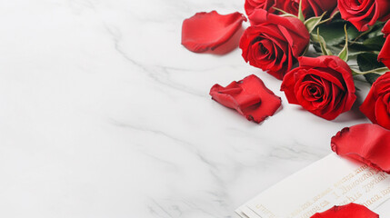 fresh red roses on white marble  background