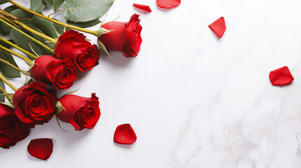 fresh red roses on white marble  background