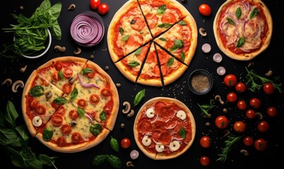 Fototapeta na wymiar top view Italian food dishes and pizza on dark background, Generative AI