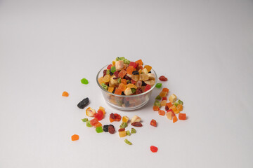 Mixed dry fruits on white bowl with white background, Mixed dried fruits on glass bowl with white background