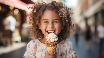 a beautiful cute young american baby kid child girl model woman holding and eating a gelato ice cream in a cone outside in a city on a sunny summer day. blurred background. Generative AI