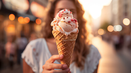 a beautiful young white american model woman holding and eating a gelato ice cream in a cone outside in a city on a sunny summer day. blurred background. Generative AI