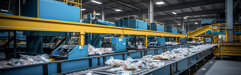 A conveyor belt filled with various types of trash in a waste recycling factory - obrazy, fototapety, plakaty