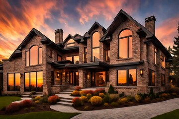 Exterior of an expensive designer home with distinctive brick siding elements and a magnificent sunset sky in the background