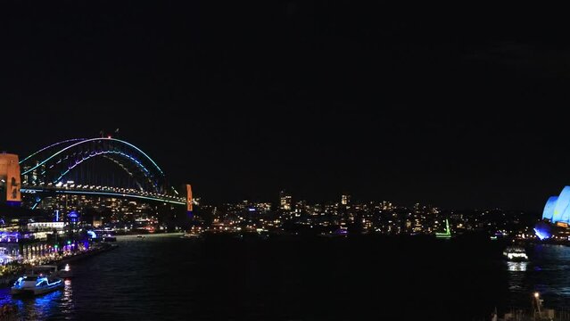 Panorama of Sydney harbour waterfront at Vivid sydney light show as 4k.
