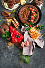 American Christmas sweets on dark background. Traditional food. Winter holidays concept