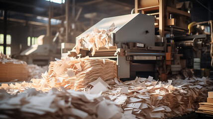 Modern paper mill factory with machines turning wood pulp into rolls of p Closeup shot of a large paper mill, showcasing the process of transforming recycled paper into cellulose fiberboards used 