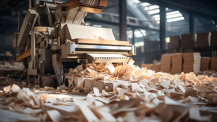 Closeup shot of a large paper mill, showcasing the process of transforming recycled paper into cellulose fiberboards used in construction for insulation or soundproofing.