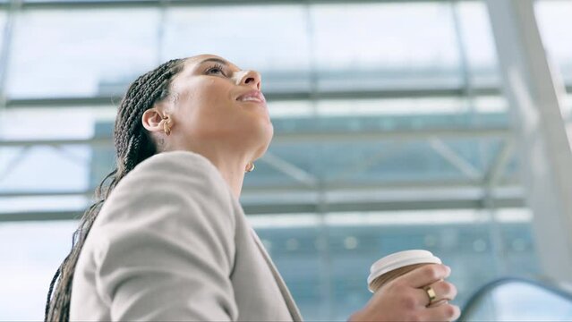 Business woman, coffee and thinking in an office building with vision for future and opportunity. Happy african entrepreneur person on a break with ideas and a positive mindset for corporate career