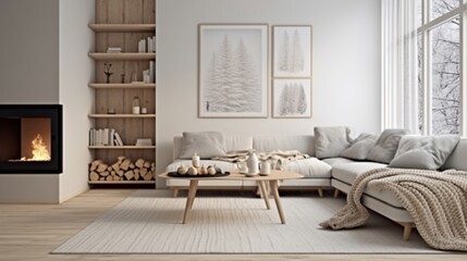 A Scandinavian-style living room with clean lines, neutral tones, and cozy knit blankets for a minimalist and inviting atmosphere. --ar 16:9 --v 5.2 - Image #2 @sajawal