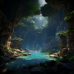A Pristine Rock Pool Lies Within An Untouched Cave Ecosystem. A scenic view of lush forest, with a hidden cave behind it.