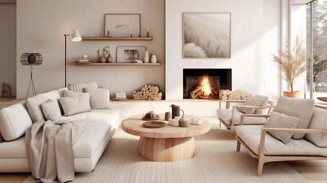 A Scandinavian-style living room with clean lines, neutral tones, and cozy knit blankets for a minimalist and inviting atmosphere. --ar 16:9 --v 5.2 - Image #1 @sajawal