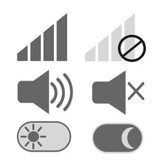 Six icons in a sheet loudspeaker and muted speaker brightness darkness mode and signal reception