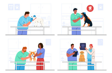 Set of illustrations Dental Care, X-ray, brush teeth treatment of dog. Concept Veterinary, Dentistry, Healthcare checkup pet. Flat style vector kit