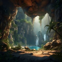 A Pristine Rock Pool Lies Within An Untouched Cave Ecosystem. A scenic view of lush forest, with a hidden cave behind it. - obrazy, fototapety, plakaty