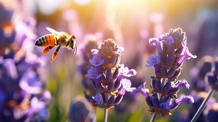 honey bee pollinating lavender flowers in vibrant garden close-up - obrazy, fototapety, plakaty