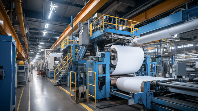 Modern paper mill factory with machines turning wood pulp into rolls of paper for various uses