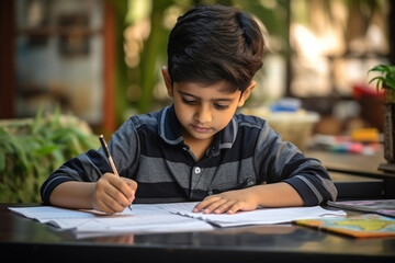 A little boy is writing