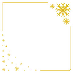 Winter season rectangular frame with yellow, goldish snowflakes on white. Vector illustration with space for text. Card or decoration.