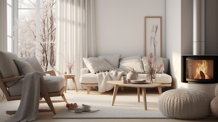 Fototapeta na wymiar A Scandinavian-style living room with clean lines, neutral tones, and cozy knit blankets for a minimalist and inviting atmosphere.