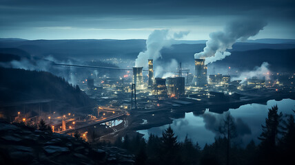 Night photograph of the largest paper production industry in Scandinavia - obrazy, fototapety, plakaty