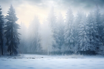 Snowy winter landscape with a mountain and trees covered in snow