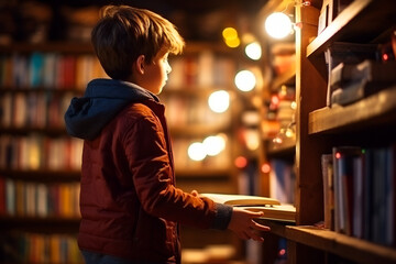 Fototapeta premium A little boy looking at books in a book store