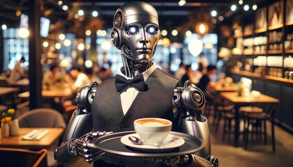 A modern robot waiter serving coffee at a café.  - obrazy, fototapety, plakaty