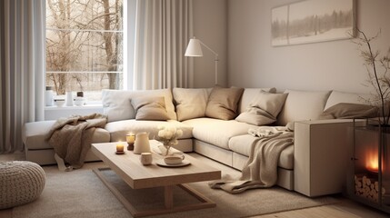 Fototapeta premium A Scandinavian-style living room with clean lines, neutral tones, and cozy knit blankets for a minimalist and inviting atmosphere.