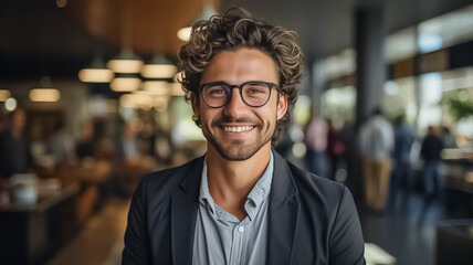 Obraz premium portrait of a young handsome white american nerdy it software developer programmer worker with glasses and curly hair. modern office, many computers and workers in the blurry background. Generative AI