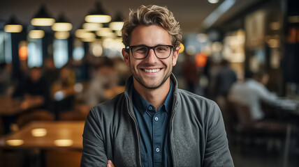 portrait of a young handsome white american nerdy it software developer programmer worker with glasses and curly hair. modern office, many computers and workers in the blurry background. Generative AI - obrazy, fototapety, plakaty