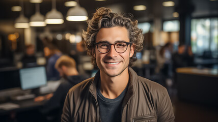 portrait of a young handsome white american nerdy it software developer programmer worker with glasses and curly hair. modern office, many computers and workers in the blurry background. Generative AI