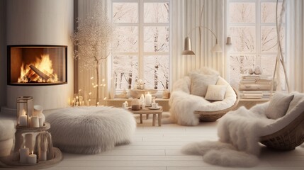 A Scandinavian winter wonderland living room with faux fur throws, warm lighting, and a crackling fireplace.