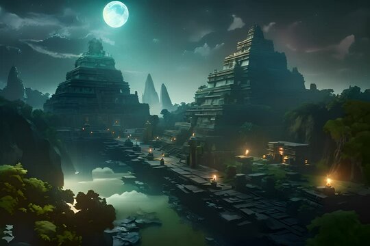 Ancient Mayan Pyramids and City Night Landscape with Moon