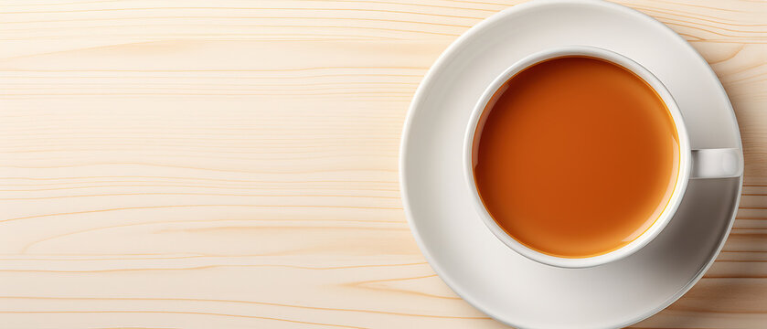 minimalist white background with a Tea cup, cappuccino, coffee , top view with empty copy space