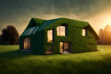 Conceptual image of a green, ecological house in a field at dusk for building and real estate