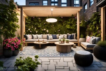An outdoor patio and summer living area with a covered gazebo, vibrant petunias, and comfy seating feature pavers in the Brussels block design