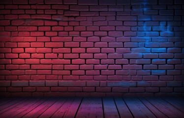 Red and blue neon light on brick wall background. Abstract background