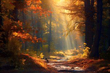 Fototapeta na wymiar good morning fall - autumn forest scene with morning sunlight filtering through the trees 