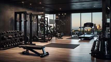 A sleek home gym with mirrored walls, high-tech exercise equipment, and a motivational wall displaying fitness quotes.  - obrazy, fototapety, plakaty