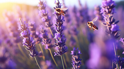 lavender honey bee pollination in vibrant garden - obrazy, fototapety, plakaty