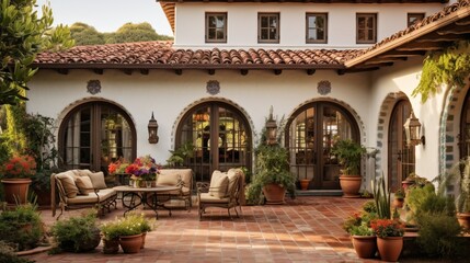 Fototapeta na wymiar A Spanish hacienda-style home with a courtyard entrance, arched doorways, and vibrant tiles for a warm and inviting Mediterranean feel.