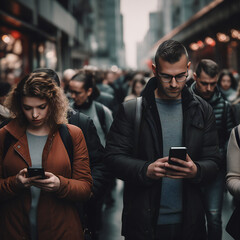 people walking and staring at their phone - obrazy, fototapety, plakaty