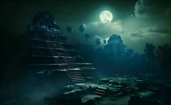 Ancient Mayan Pyramids and City Night Landscape with Moon
