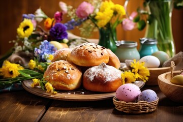 Obraz na płótnie Canvas Easter pastries and colorful painted eggs. Traditional easter spring holiday food. Generative AI