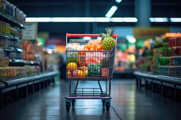 Shopping cart in grocery store full of fruits and vegetables. Generative AI - obrazy, fototapety, plakaty