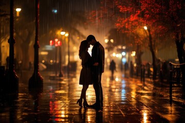 Love in the rain. Silhouette of a couple under an umbrella. Generative AI