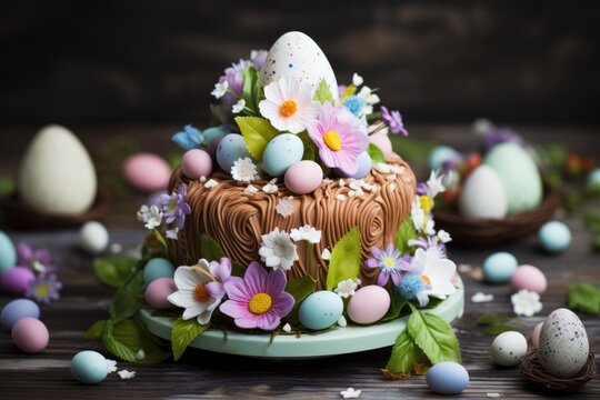 Easter cake and colorful painted eggs. Traditional easter spring holiday food. Generative AI