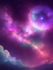 Fototapeta na wymiar Abstract starlight and pink and purple and blue clouds stardust. This image shows a cloudy night sky with stars. The clouds are purple and fluffy, and the stars are shining brightly in the sky