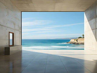 Empty modern room with sea view and bench. 3D Rendering.